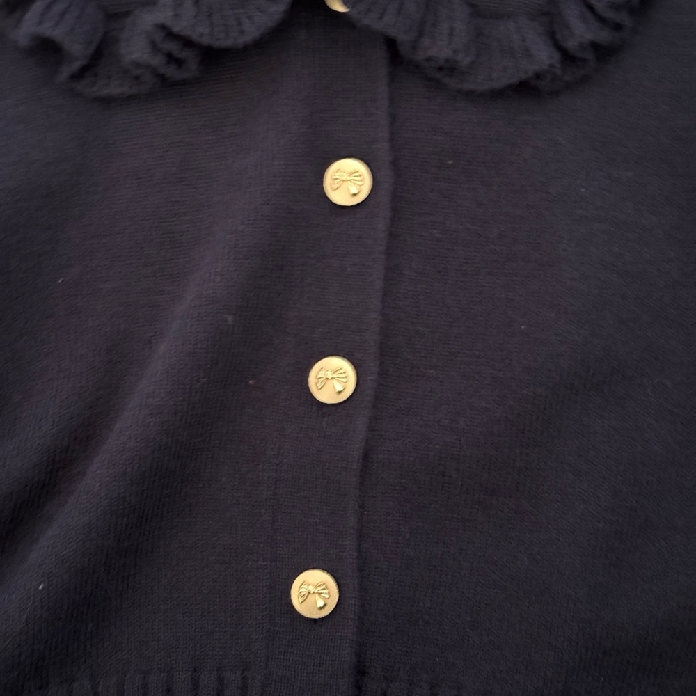 Navy Ruffle Collar Button-Up Cropped Sweater - Picture 2 of 3